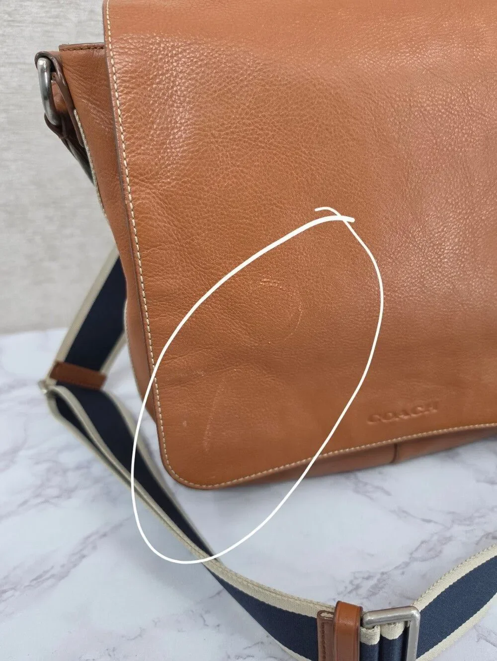 Coach Tan Leather Messenger Bag with Navy Web Strap